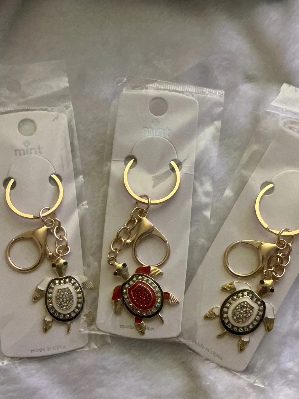 Mint Gold-Tone 3 Piece Bundle Turtle Keychains Charm with Red and White Enamel